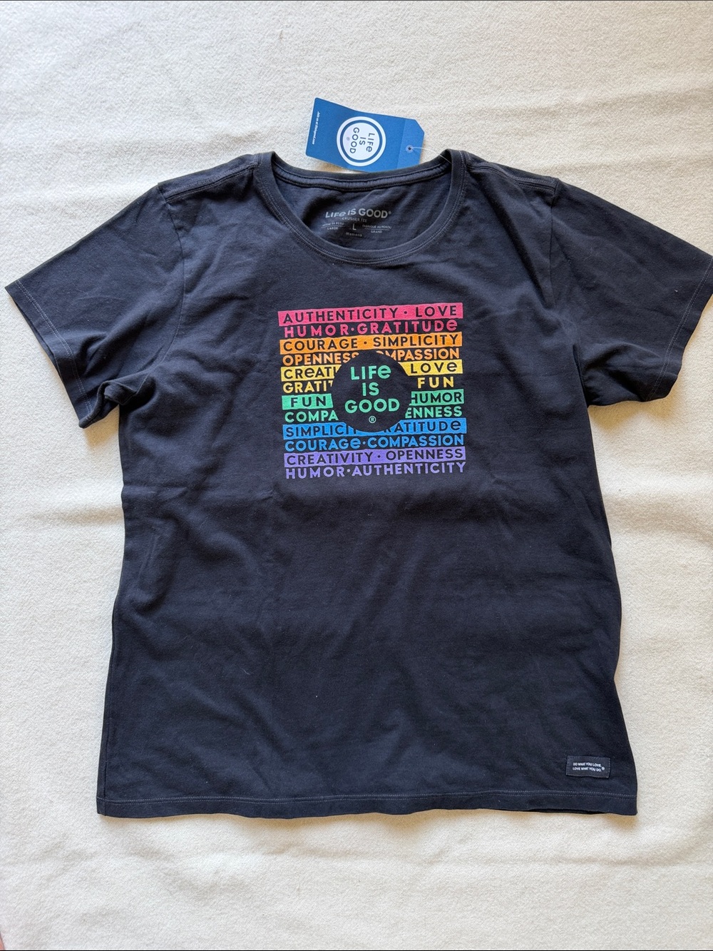 Life Is Good Women’s Black Tee with Rainbow Word Square Sz L NWT